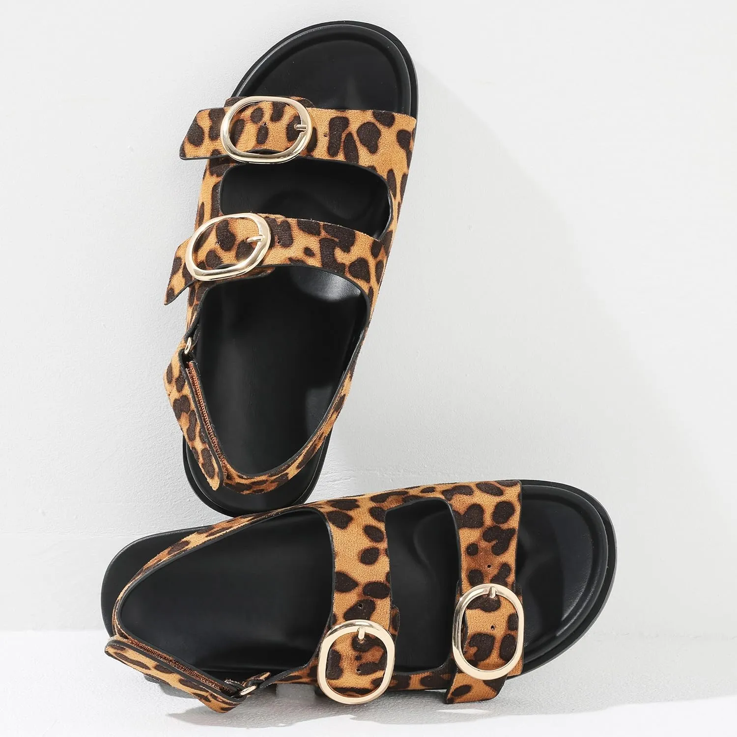 Lovee Cosee Flat Sandals for Women with Cushioned Footbed Open Toe Double Buckle Adjustable Hook-Loop Dress Summer Sandals Casual Beach Pool Party