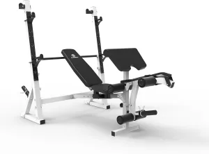 Marcy Olympic Workout Bench for Home Gym Strength Training Equipment with Preacher Curl Pad and Weight Rack Storage, White/Black