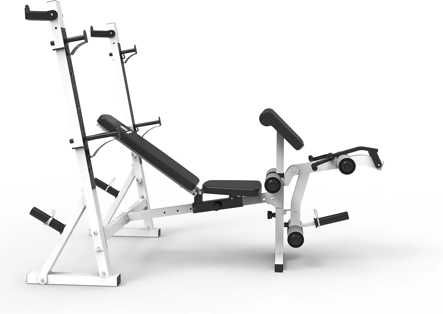 Marcy Olympic Workout Bench for Home Gym Strength Training Equipment with Preacher Curl Pad and Weight Rack Storage, White/Black
