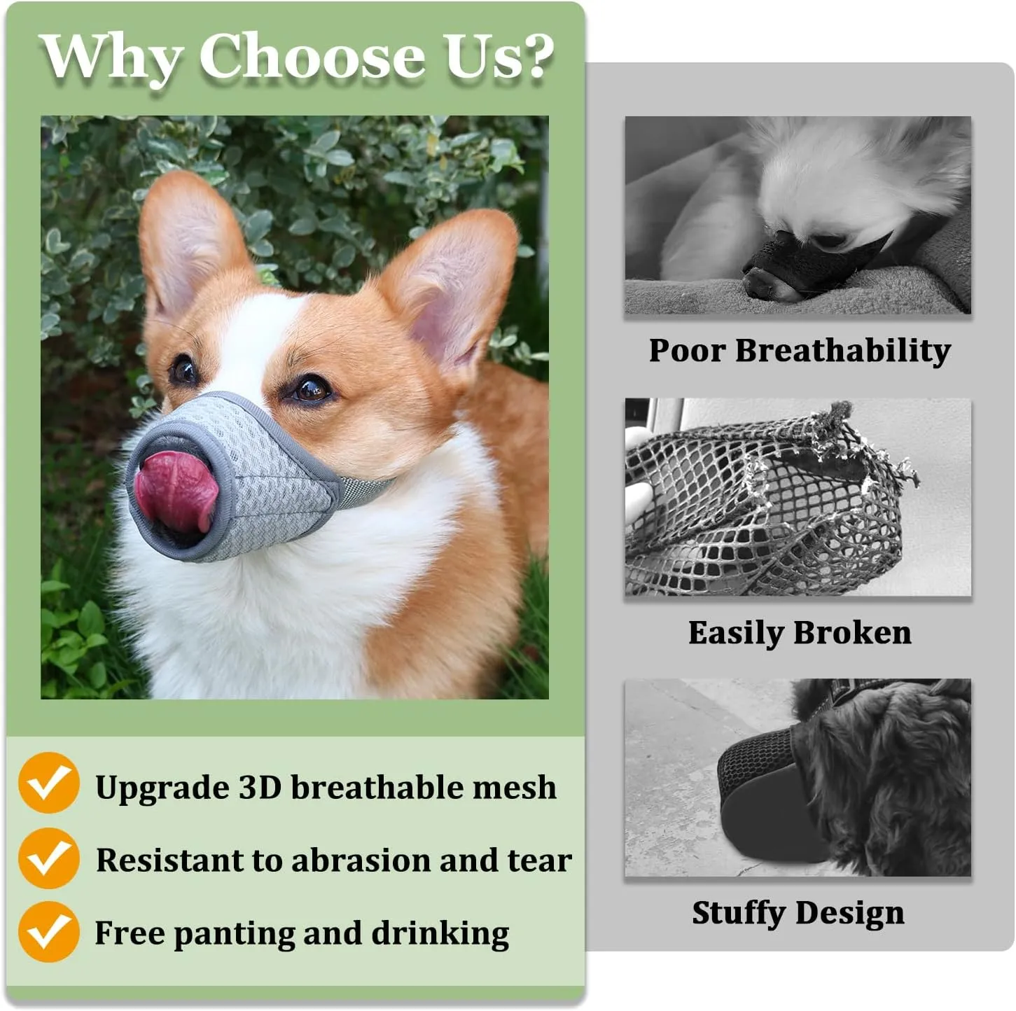 Mayerzon Dog Muzzle, Puppy Soft Mesh Muzzle for Small Medium Large Dogs Chihuahua Poodles Beagle Dachshund Corgis Labrador for Biting Chewing Grooming That Allows Panting Drinking(XXL, Grey)
