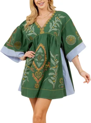 Melliflo Womens Embroidered Dress V Neck Long Sleeve Linen Dress Loose Fit Vintage Floral Print Midi Dress