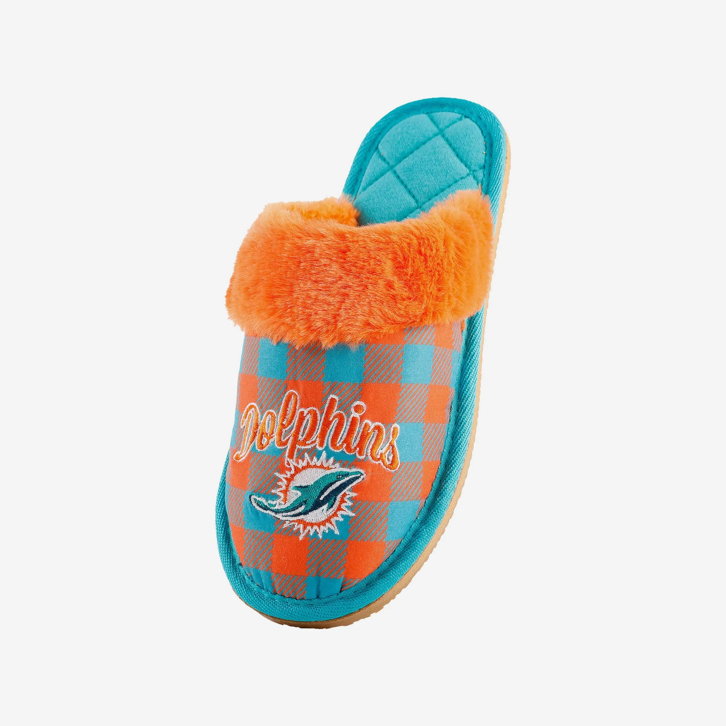 Miami Dolphins Womens Plaid Sherpa Mule Slipper