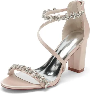 Minishion Womens Sandals Dress Wedding Block Heel Formal Evening Shoes with Rhinestone BR123