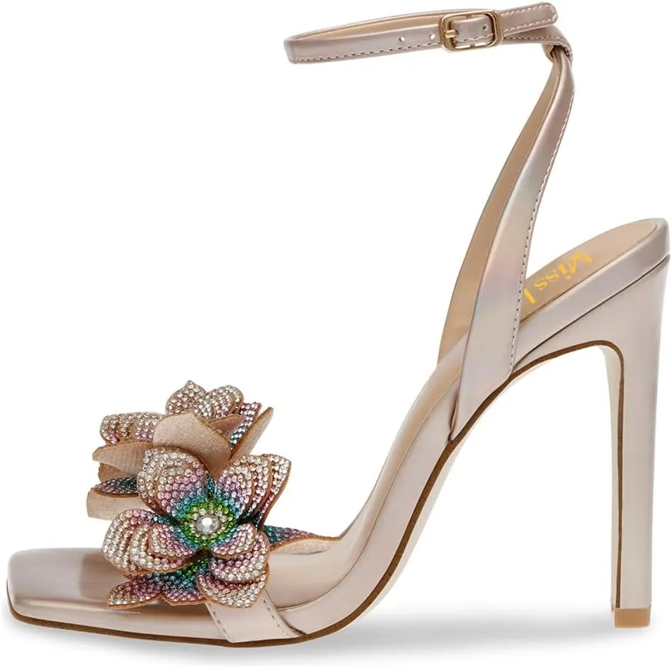 miss left Women Rhinestones Stiletto Heel Sandals with Strap Buckles Flower Embellished Open Square Toe High Heels Pumps Chic Wedding Event Dress Shoes Size 4-16 US