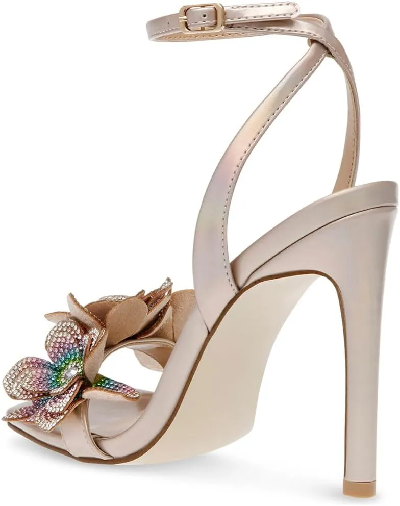 miss left Women Rhinestones Stiletto Heel Sandals with Strap Buckles Flower Embellished Open Square Toe High Heels Pumps Chic Wedding Event Dress Shoes Size 4-16 US