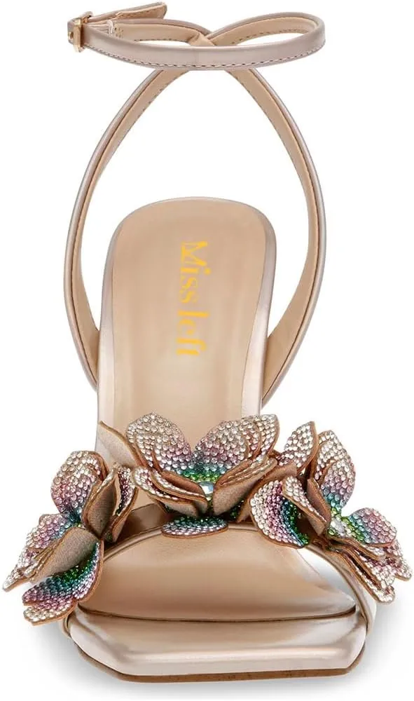miss left Women Rhinestones Stiletto Heel Sandals with Strap Buckles Flower Embellished Open Square Toe High Heels Pumps Chic Wedding Event Dress Shoes Size 4-16 US