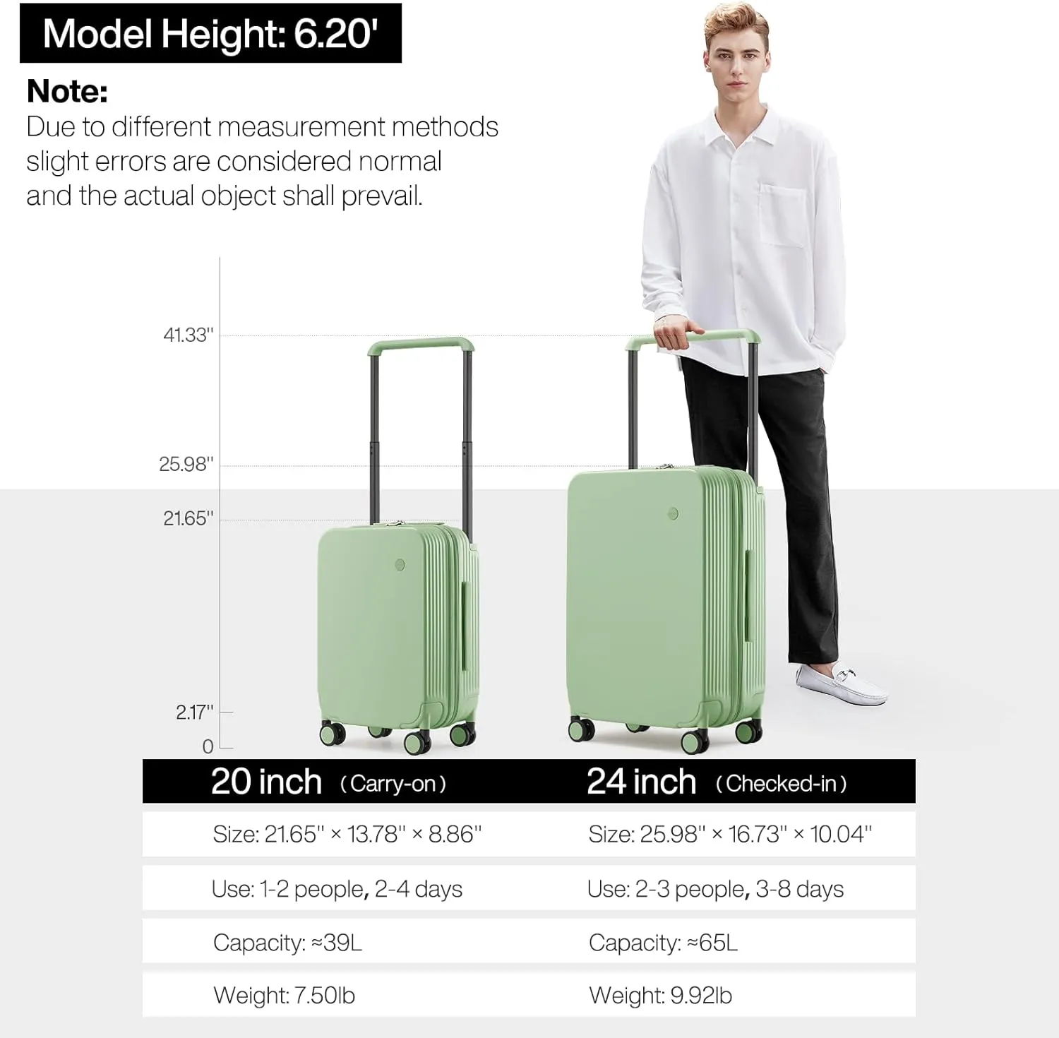 mixi Checked Luggage Upgrade Wide Handle PC Hard Shell Rolling Travel Medium Suitcases with Spinner Wheels & TSA Lock, 24 Inch Avocado Green