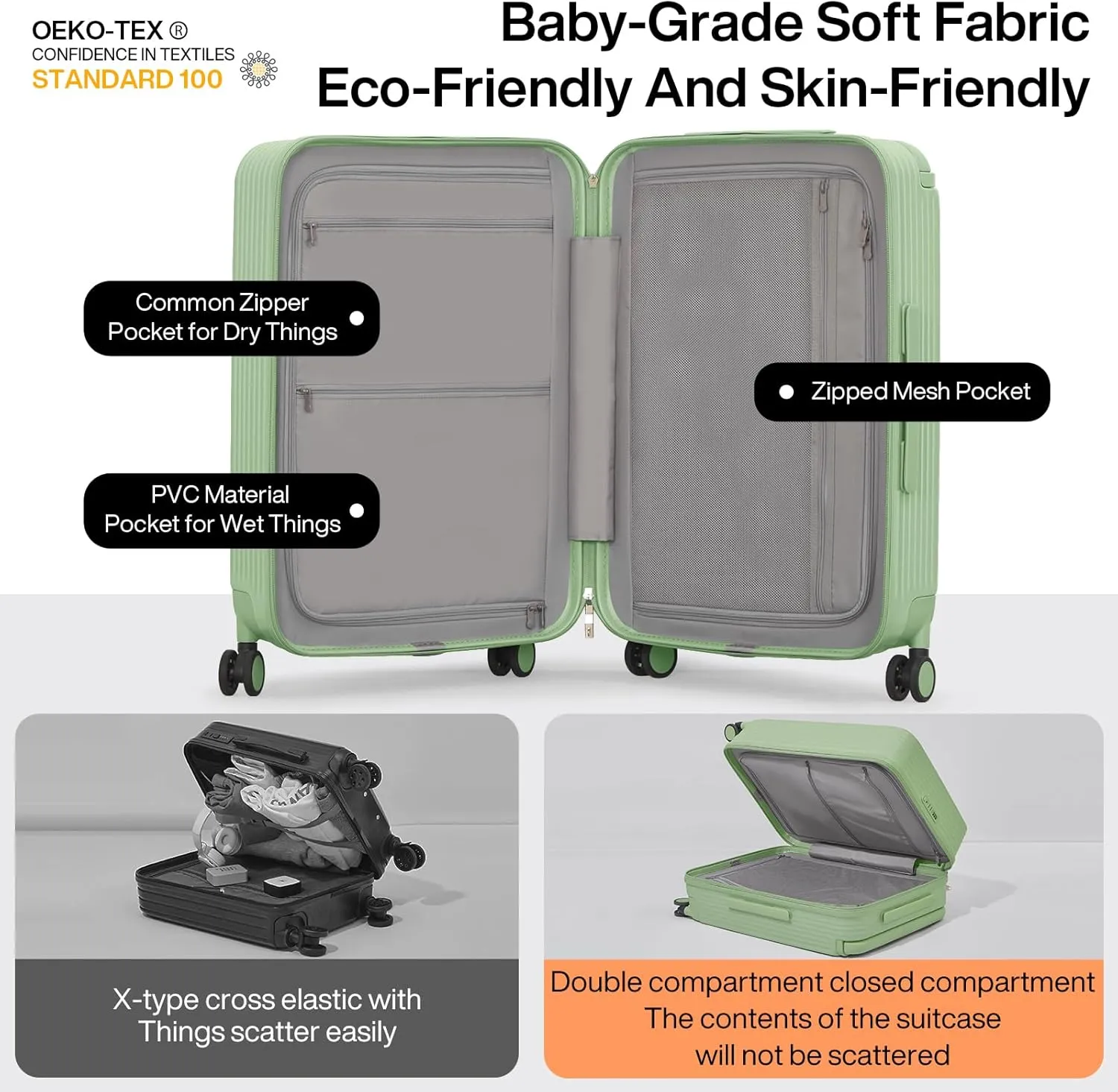 mixi Checked Luggage Upgrade Wide Handle PC Hard Shell Rolling Travel Medium Suitcases with Spinner Wheels & TSA Lock, 24 Inch Avocado Green
