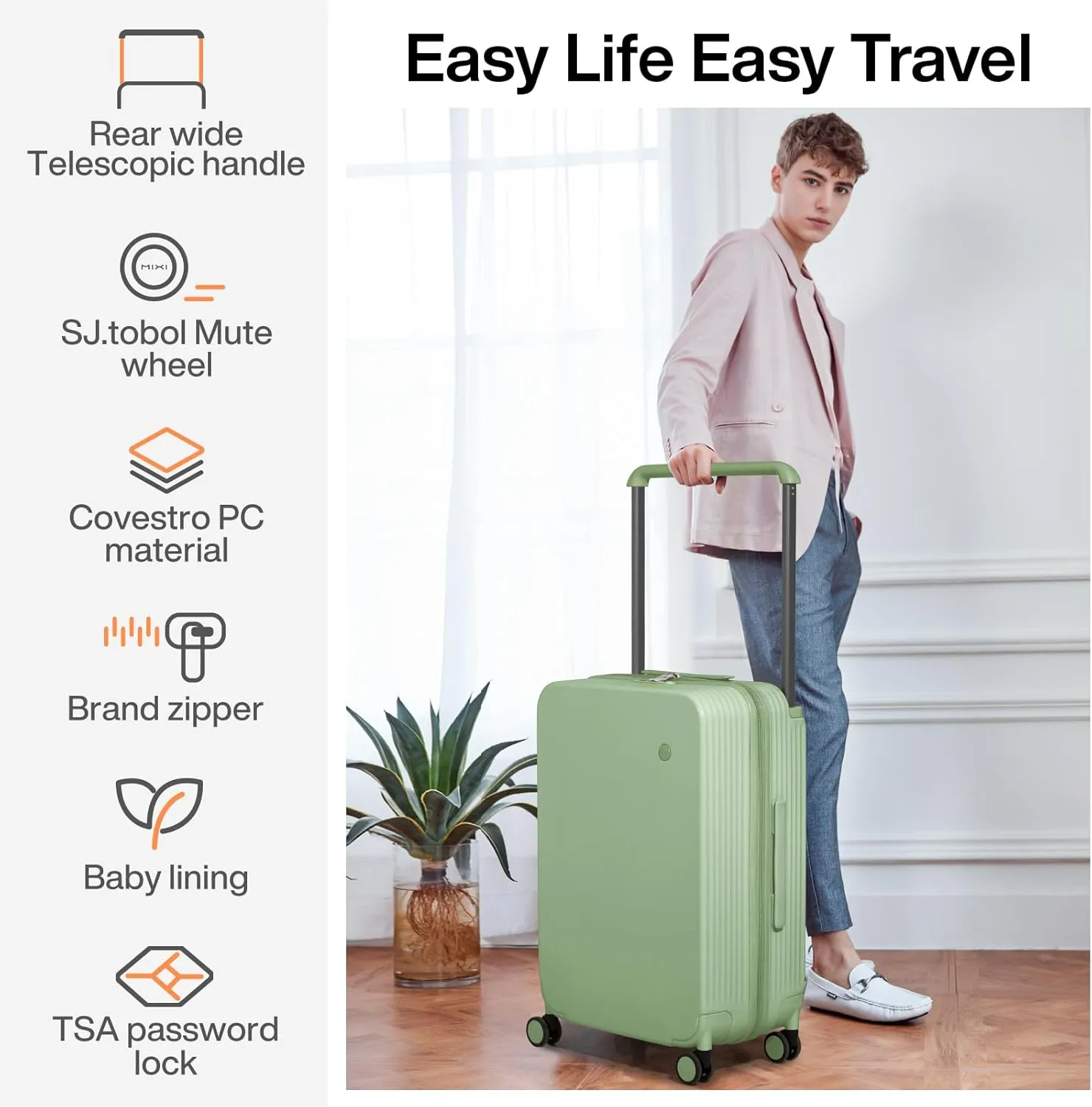 mixi Checked Luggage Upgrade Wide Handle PC Hard Shell Rolling Travel Medium Suitcases with Spinner Wheels & TSA Lock, 24 Inch Avocado Green
