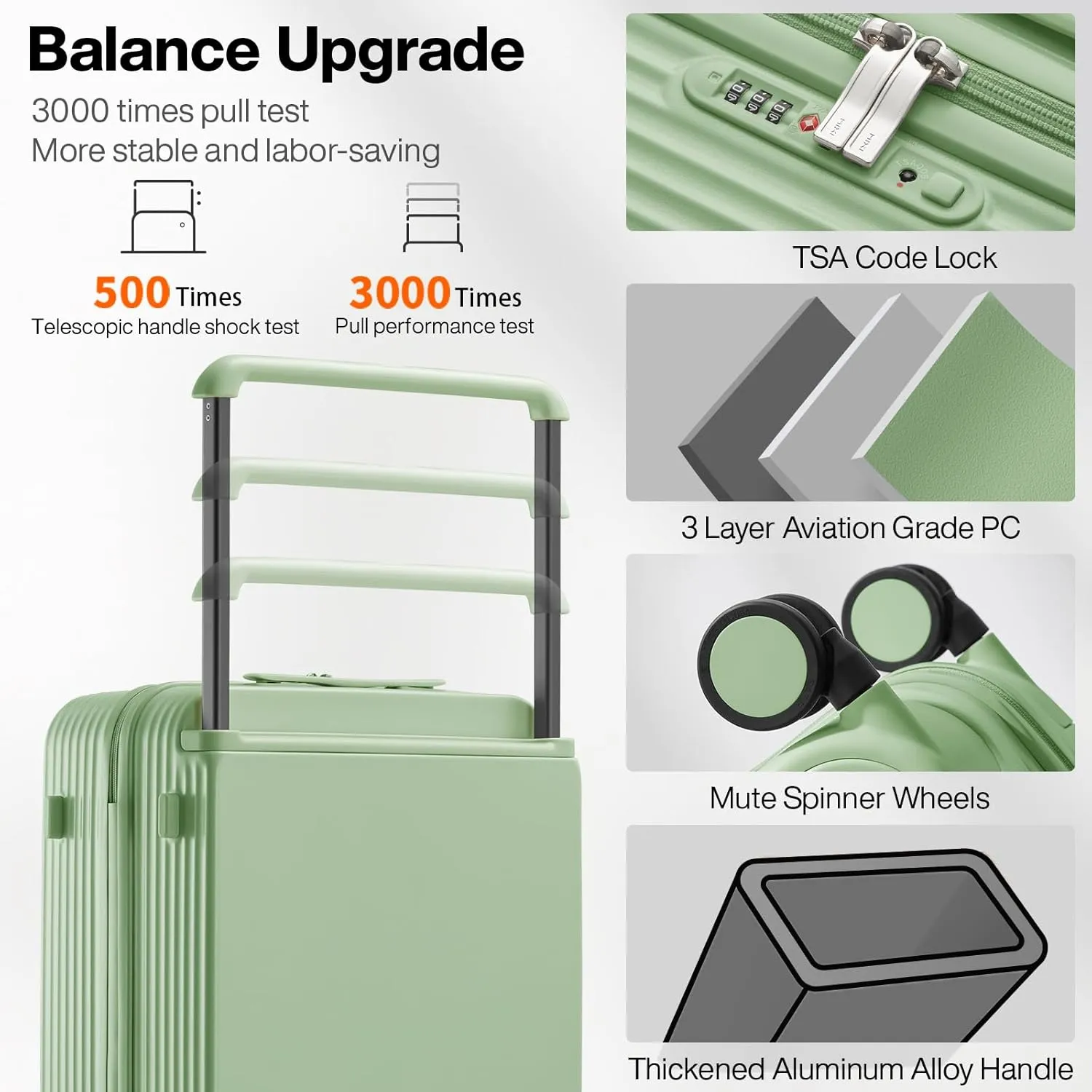 mixi Checked Luggage Upgrade Wide Handle PC Hard Shell Rolling Travel Medium Suitcases with Spinner Wheels & TSA Lock, 24 Inch Avocado Green