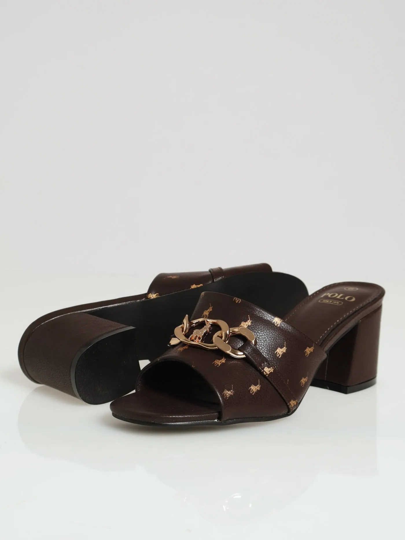Monogram Trim Round Toe Mule Heel - Brown