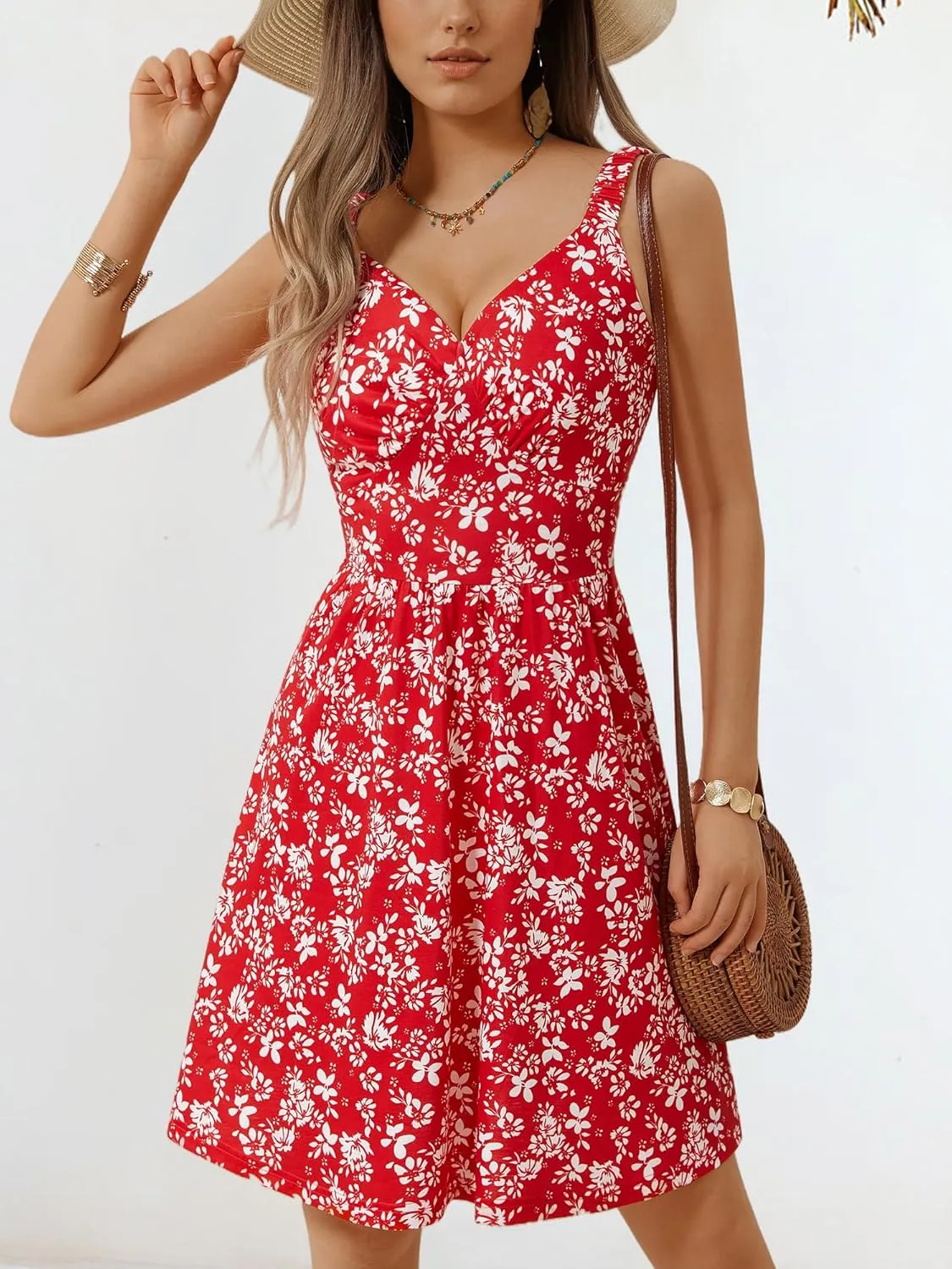 MSBASIC Womens Summer Dresses 2025 Sleeveless V Neck Mini Elastic Wide Strap Beach Vacation Sun Dress
