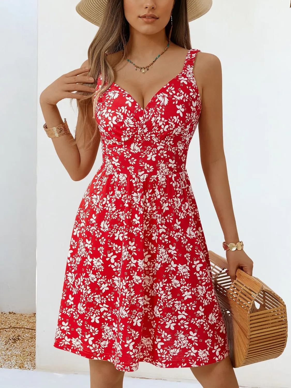 MSBASIC Womens Summer Dresses 2025 Sleeveless V Neck Mini Elastic Wide Strap Beach Vacation Sun Dress