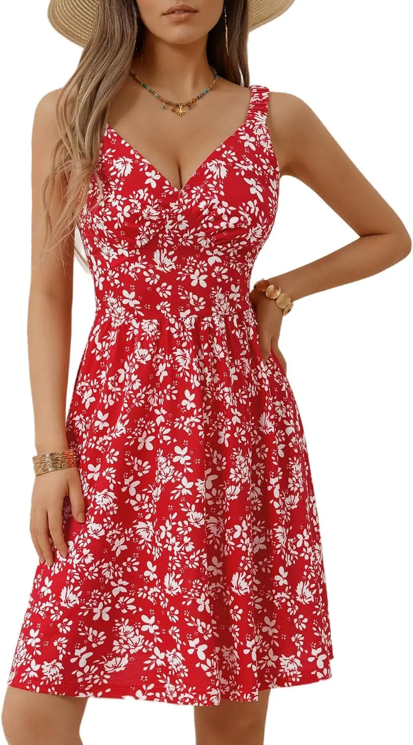 MSBASIC Womens Summer Dresses 2025 Sleeveless V Neck Mini Elastic Wide Strap Beach Vacation Sun Dress