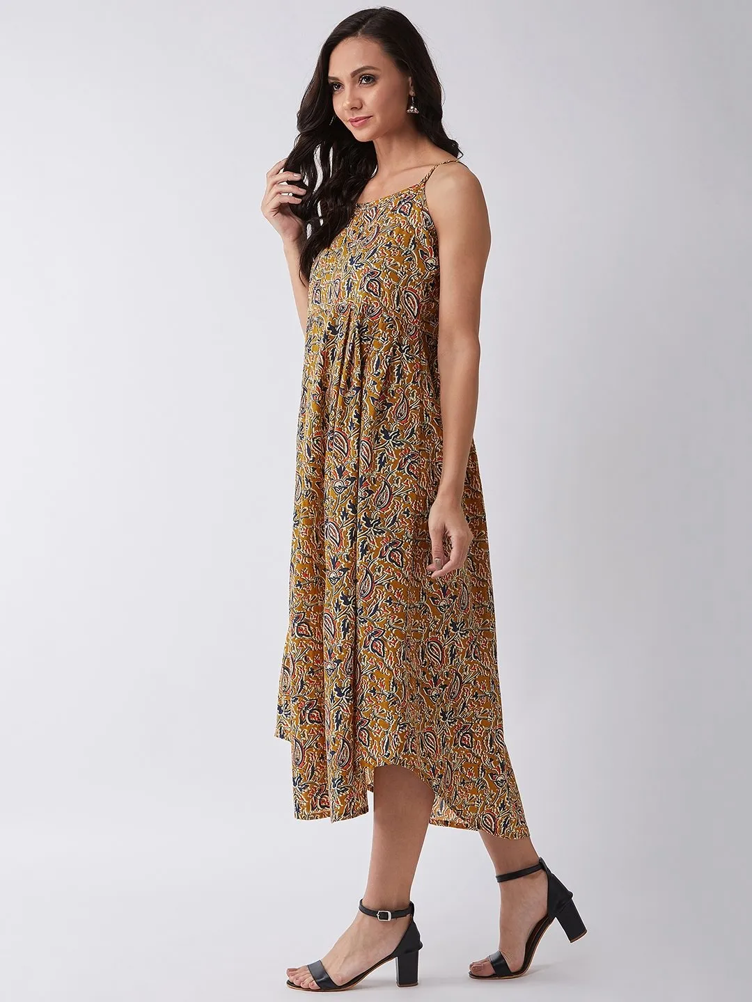 Mustard Kalamkari Jaal Print Strappy Dress