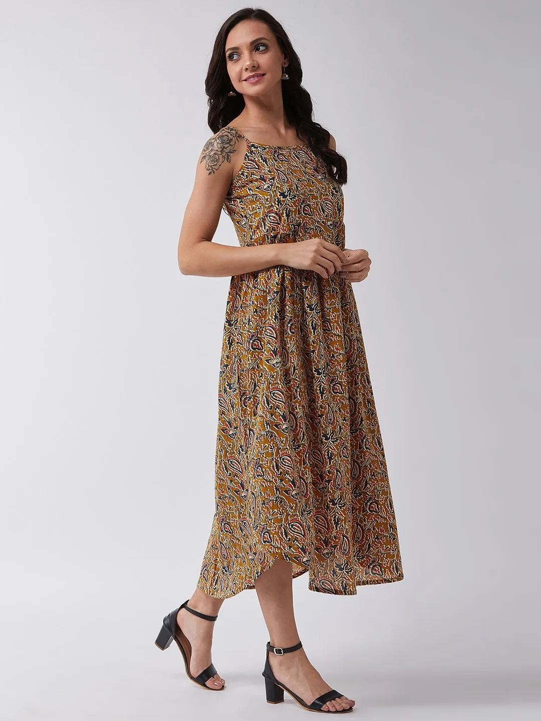 Mustard Kalamkari Jaal Print Strappy Dress