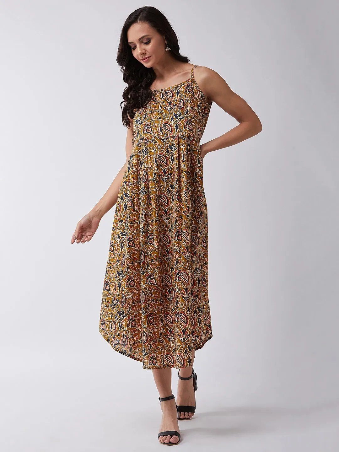Mustard Kalamkari Jaal Print Strappy Dress