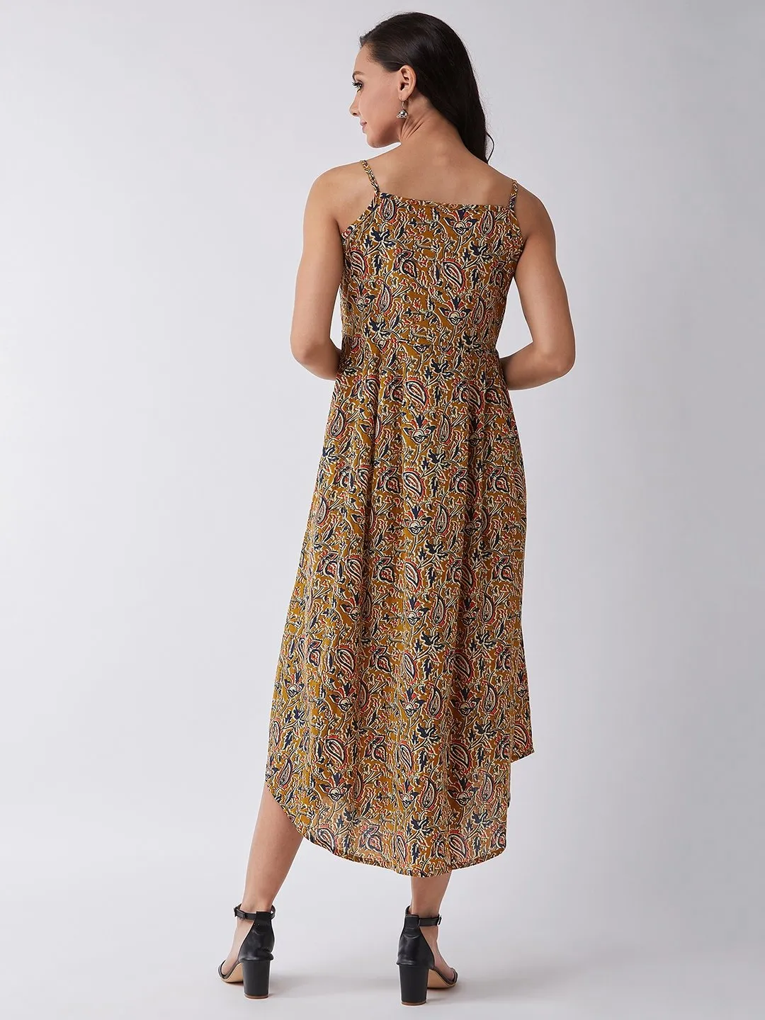 Mustard Kalamkari Jaal Print Strappy Dress