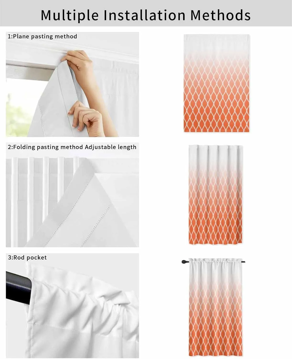 Orange Ombre Stripe Self Adhesive Blackout Curtains with Tiebacks,Portable Rod Pocket Living Room Darkening Curtains,Modern Abstract Art Gradient Striped Thermal Insulated Windows Cover,47Wx72H