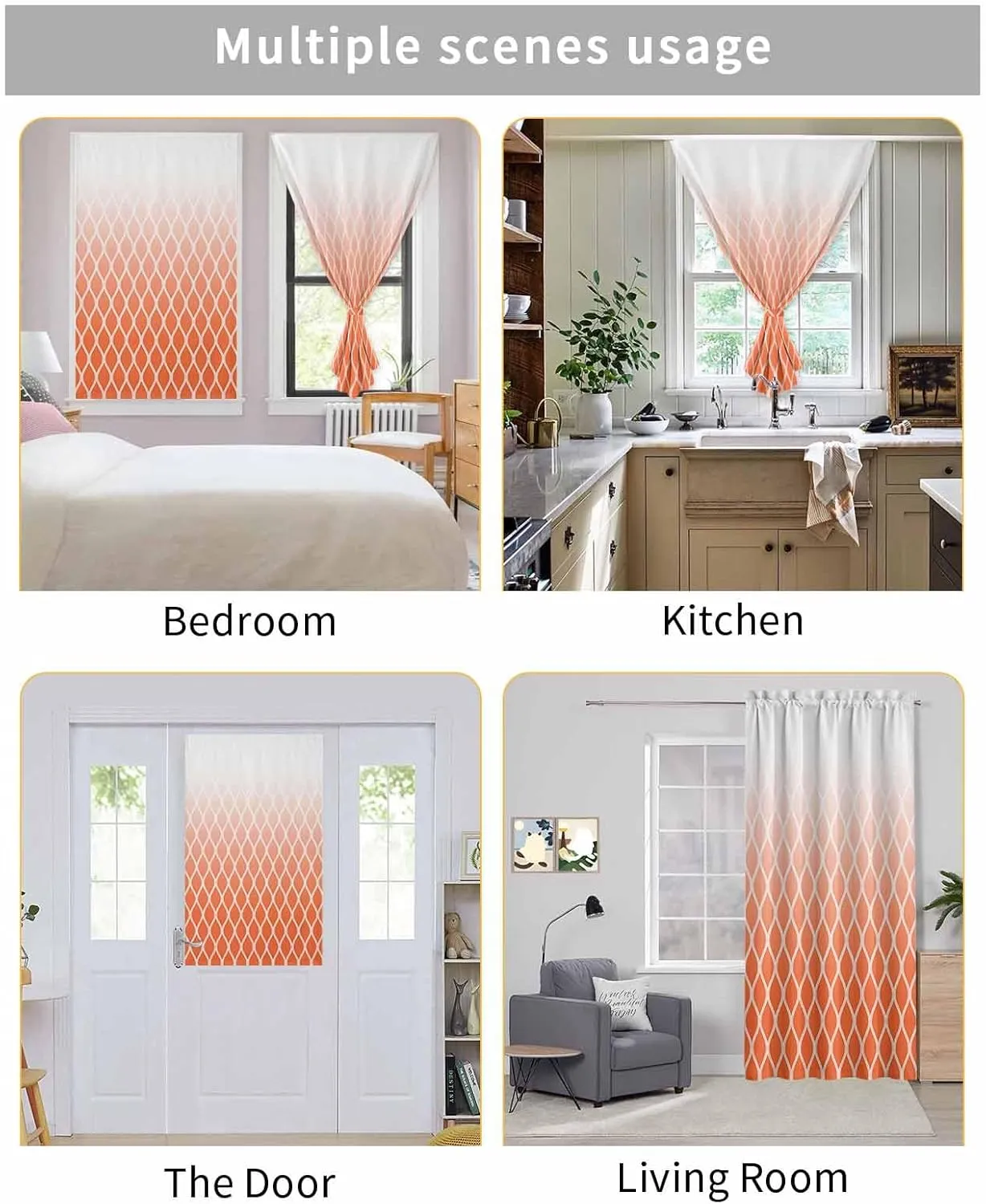 Orange Ombre Stripe Self Adhesive Blackout Curtains with Tiebacks,Portable Rod Pocket Living Room Darkening Curtains,Modern Abstract Art Gradient Striped Thermal Insulated Windows Cover,47Wx72H