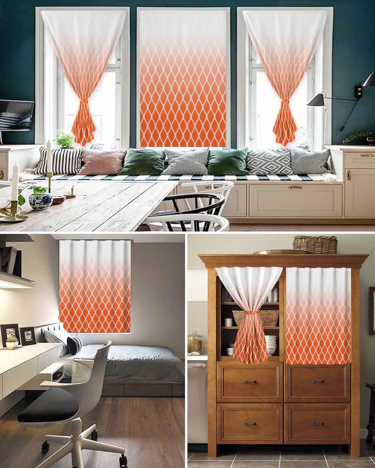 Orange Ombre Stripe Self Adhesive Blackout Curtains with Tiebacks,Portable Rod Pocket Living Room Darkening Curtains,Modern Abstract Art Gradient Striped Thermal Insulated Windows Cover,47Wx72H