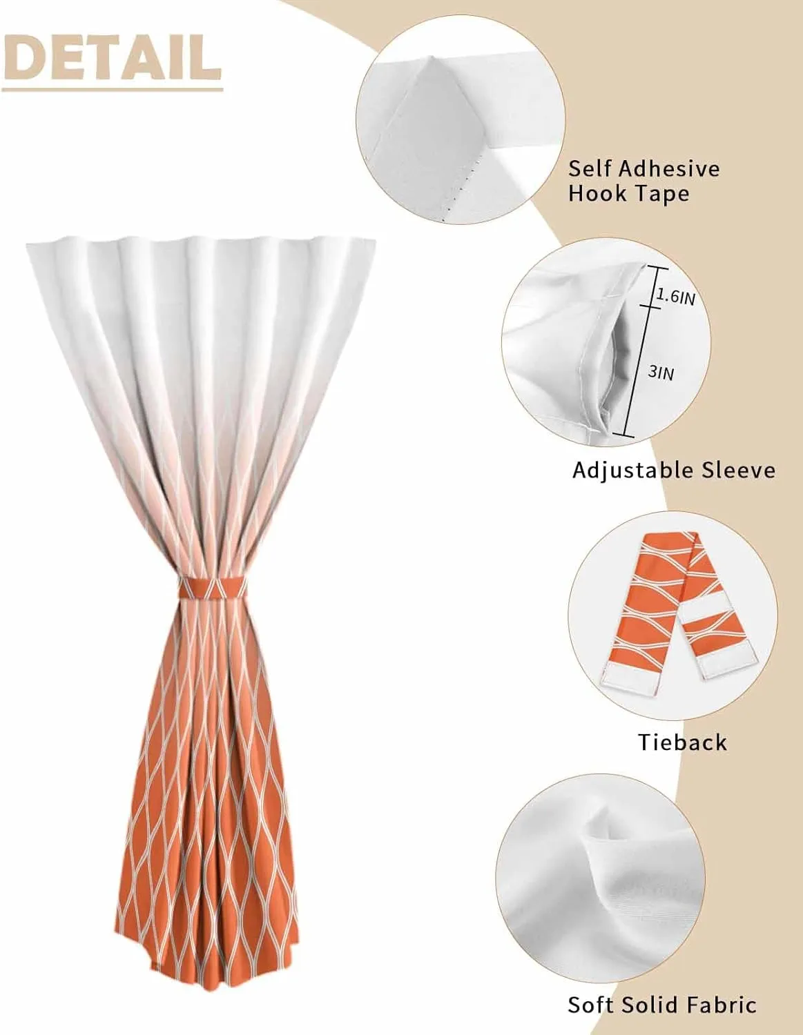 Orange Ombre Stripe Self Adhesive Blackout Curtains with Tiebacks,Portable Rod Pocket Living Room Darkening Curtains,Modern Abstract Art Gradient Striped Thermal Insulated Windows Cover,47Wx72H