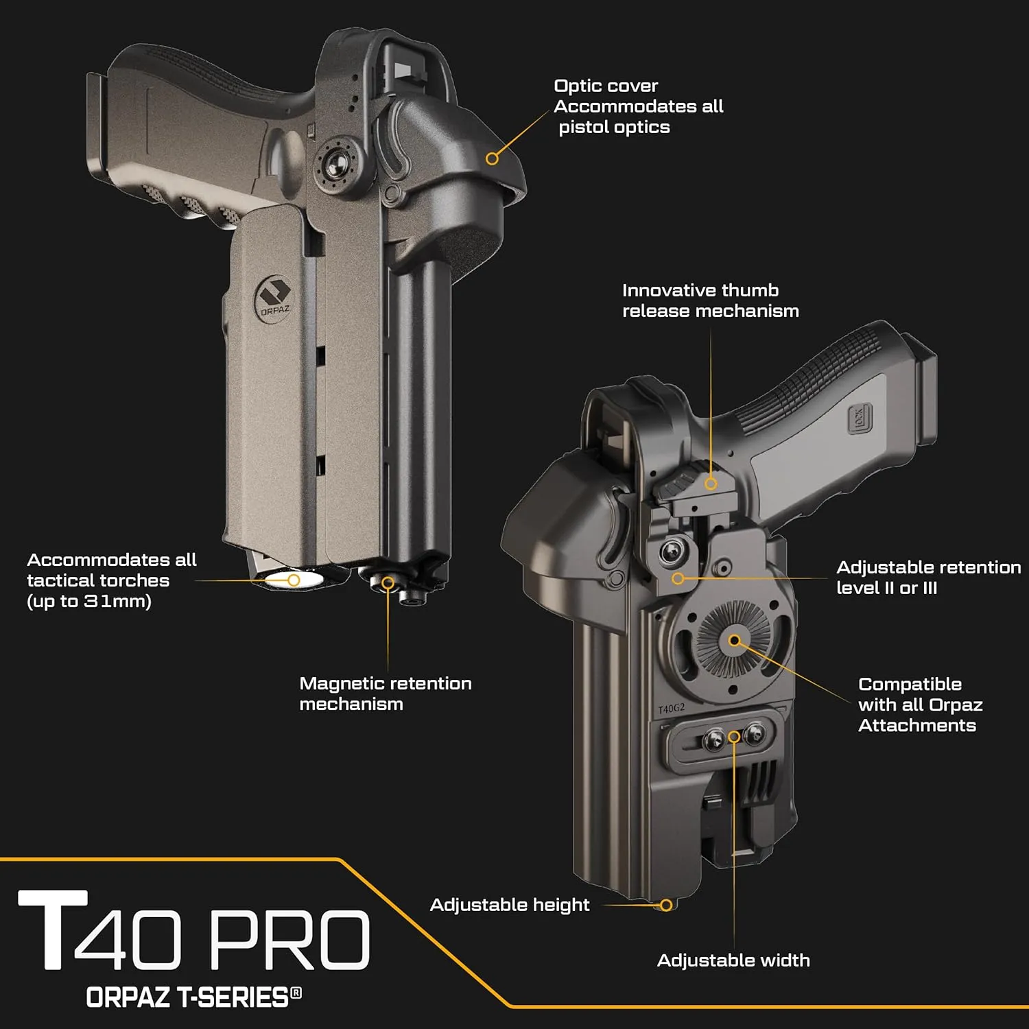 Orpaz T40 G17 Holster with Light, Level II/Level III OWB Light Bearing Holster Compatible with Glock 17, Fits Most Lights, Lasers, Sights and Optics
