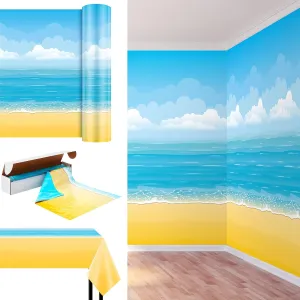 Oudain 1200 x 54 Inch Beach Tablecloth Roll in Slide Cutter Box Beach Party Decorations Summer Table Cover Backdrop Ocean Waves Bulletin Board Plastic Roll for Hawaiian Summer Birthday Party Decor