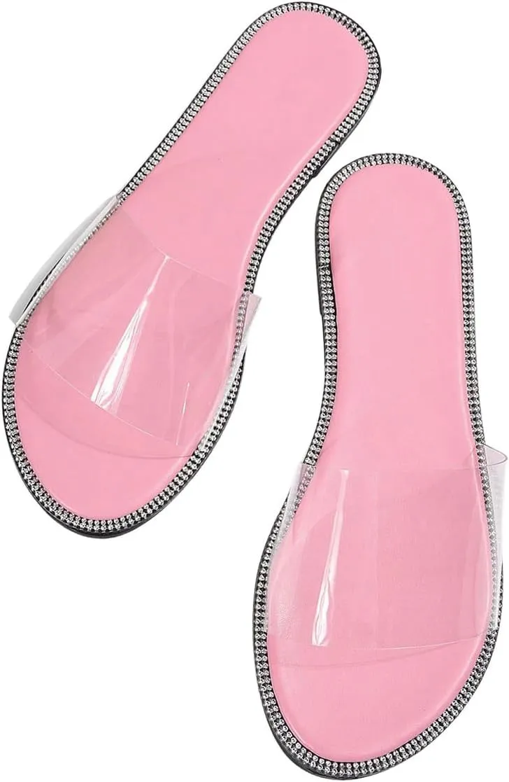 OYOANGLE Women's Clear Flat Sandals Glitter Rhinestone Open Toe Transparent Beach Slide Sandals