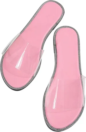OYOANGLE Women's Clear Flat Sandals Glitter Rhinestone Open Toe Transparent Beach Slide Sandals