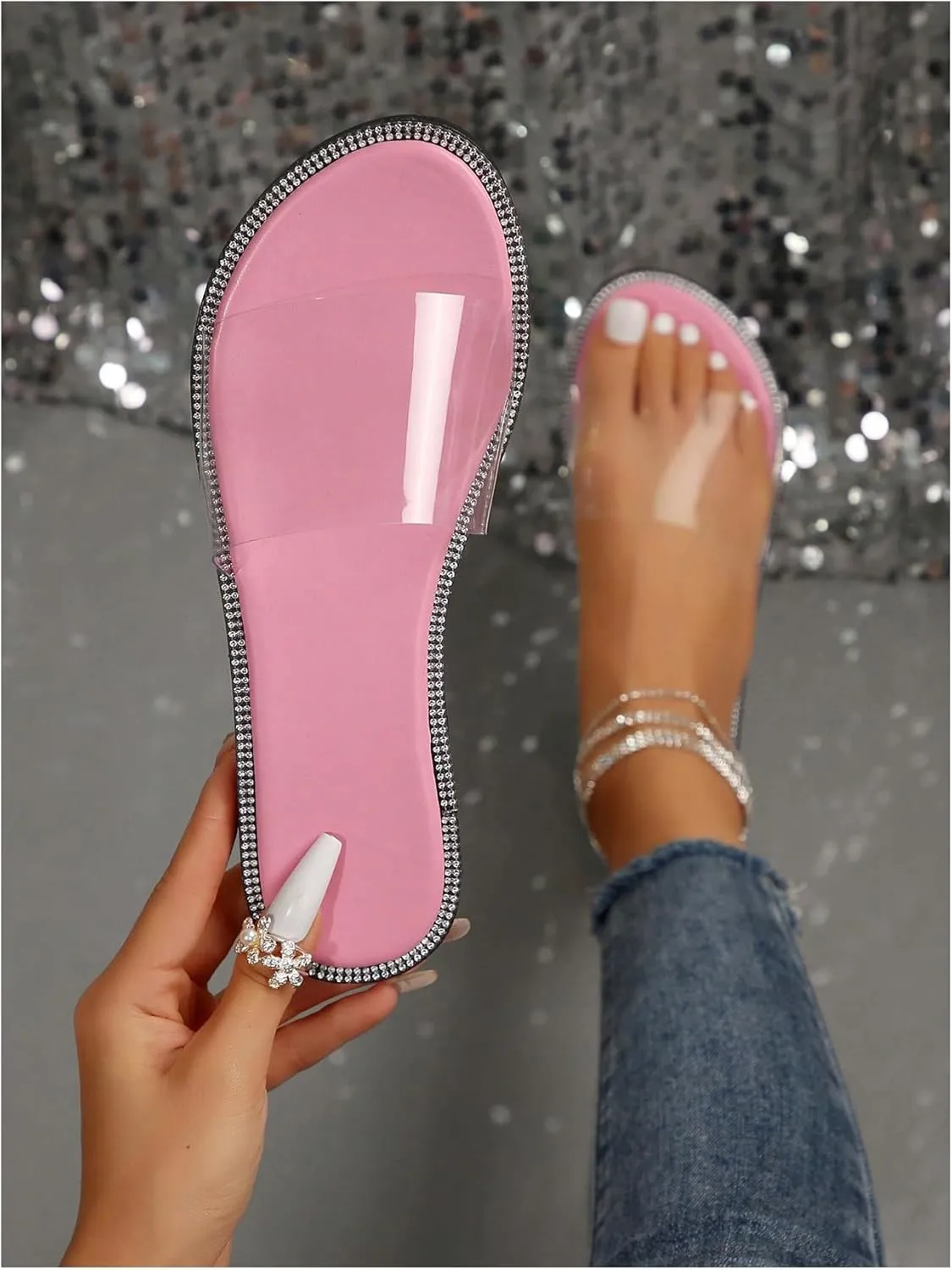 OYOANGLE Women's Clear Flat Sandals Glitter Rhinestone Open Toe Transparent Beach Slide Sandals