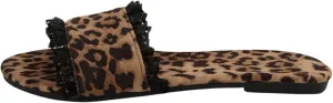 OYOANGLE Women's Leopard Print Fringe Flat Sandals Wide Single Strap Open Toe Slide Sandals