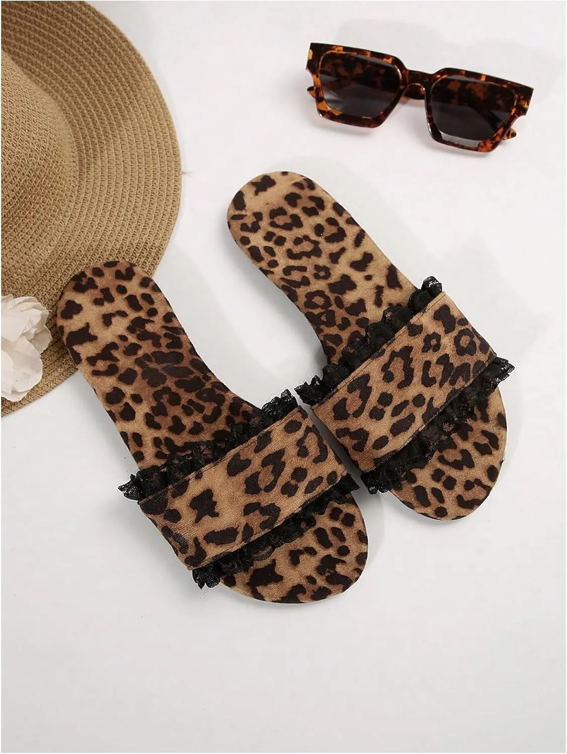 OYOANGLE Women's Leopard Print Fringe Flat Sandals Wide Single Strap Open Toe Slide Sandals