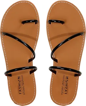 OYOANGLE Women's Metallic Strappy Toe Ring Sandals Open Toe Flat Slide On Thong Sandals