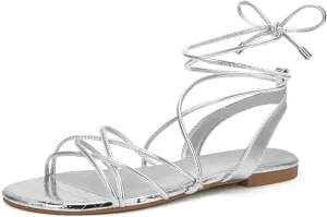 PARTY Women's Strappy Sandals Gladiator Lace Up Flats Summer Wrap Open Toe Tie Up Shoes