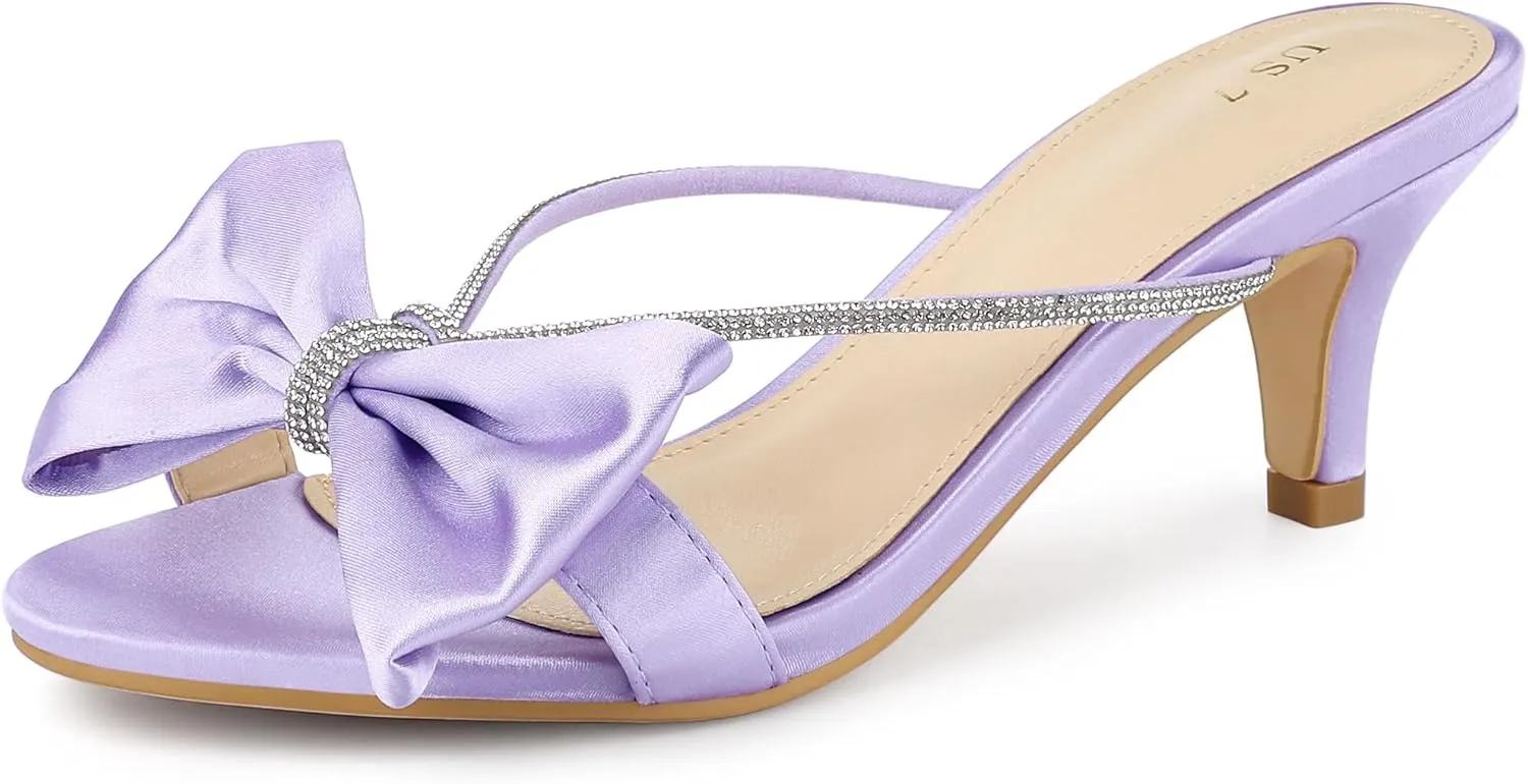 Perphy Rhinestone Strap Bow Kitten Heels Slide Sandals for Women