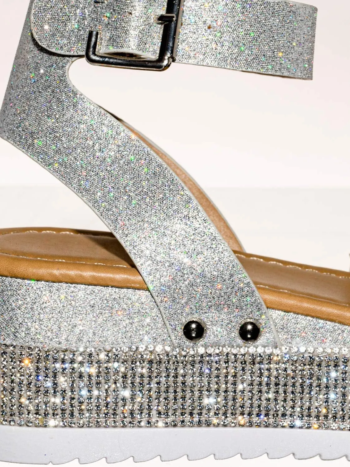 Rhinestone Glitter Flatform Sandal - Women Ankle Strap Crystal Platform