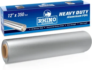 Rhino Aluminum Heavy Duty Aluminum Foil - 12 x 350 sf Long Roll, 25 Microns Thick Foil Heavy Duty Commercial Grade & Extra Thick, Strong Enough for Food Service Industry (Pack of 1)