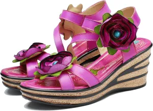 Riutiru Women's Handmade Lambskin Retro Casual Sandals for Spring and Summer, Contrast 3D Color-blocking Flower Comfortable High-heeled Sandals for Women