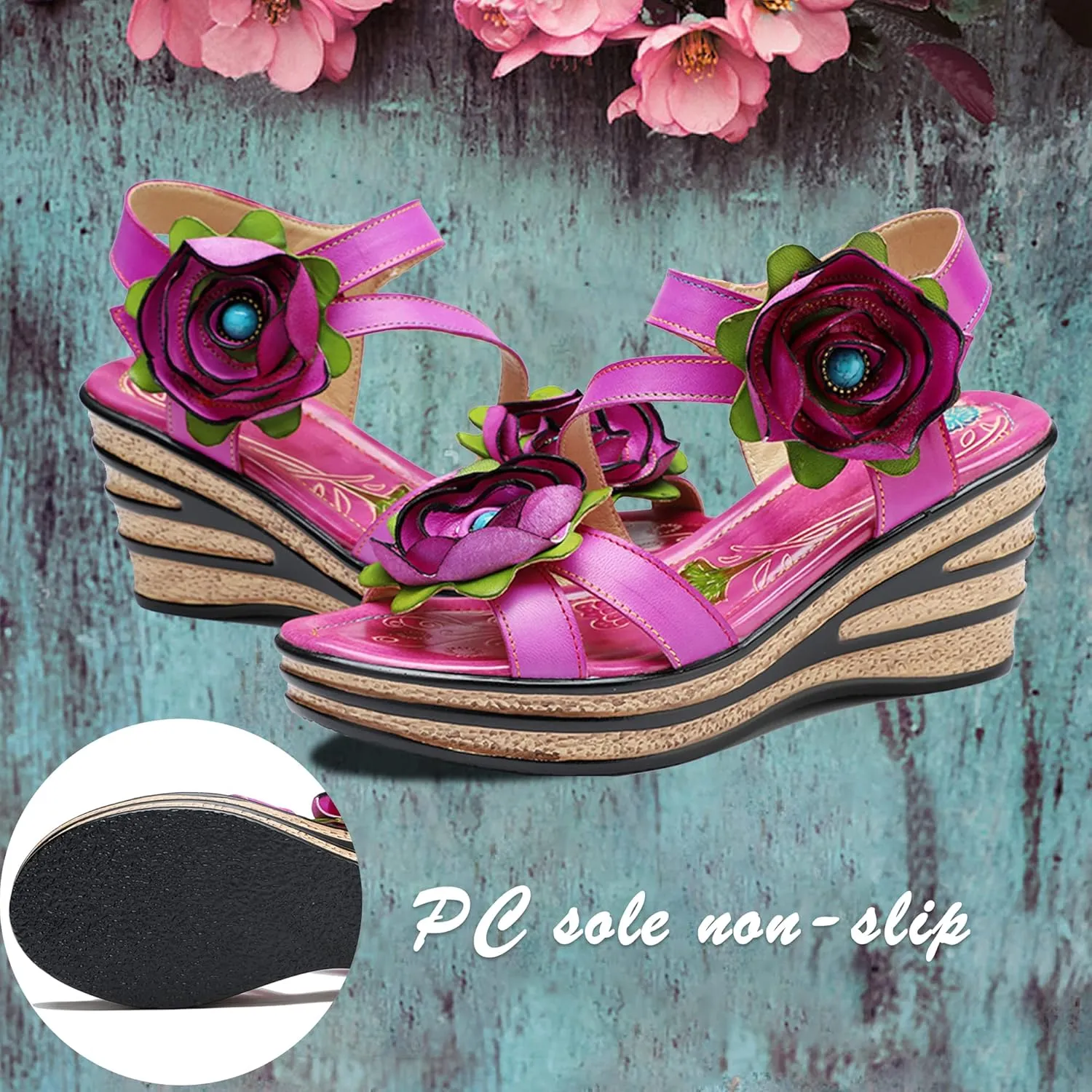 Riutiru Women's Handmade Lambskin Retro Casual Sandals for Spring and Summer, Contrast 3D Color-blocking Flower Comfortable High-heeled Sandals for Women