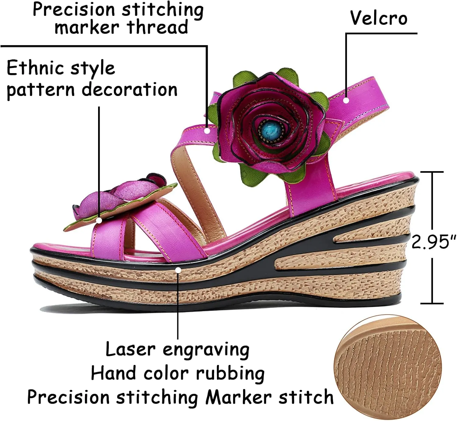 Riutiru Women's Handmade Lambskin Retro Casual Sandals for Spring and Summer, Contrast 3D Color-blocking Flower Comfortable High-heeled Sandals for Women