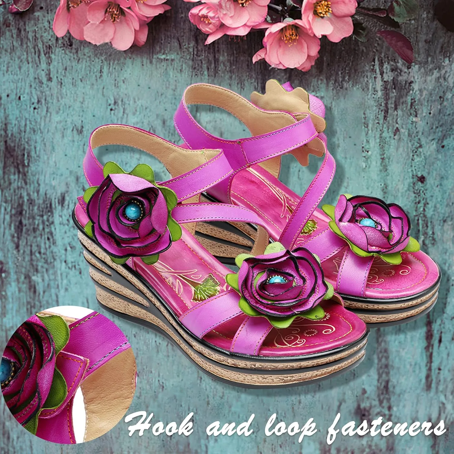 Riutiru Women's Handmade Lambskin Retro Casual Sandals for Spring and Summer, Contrast 3D Color-blocking Flower Comfortable High-heeled Sandals for Women