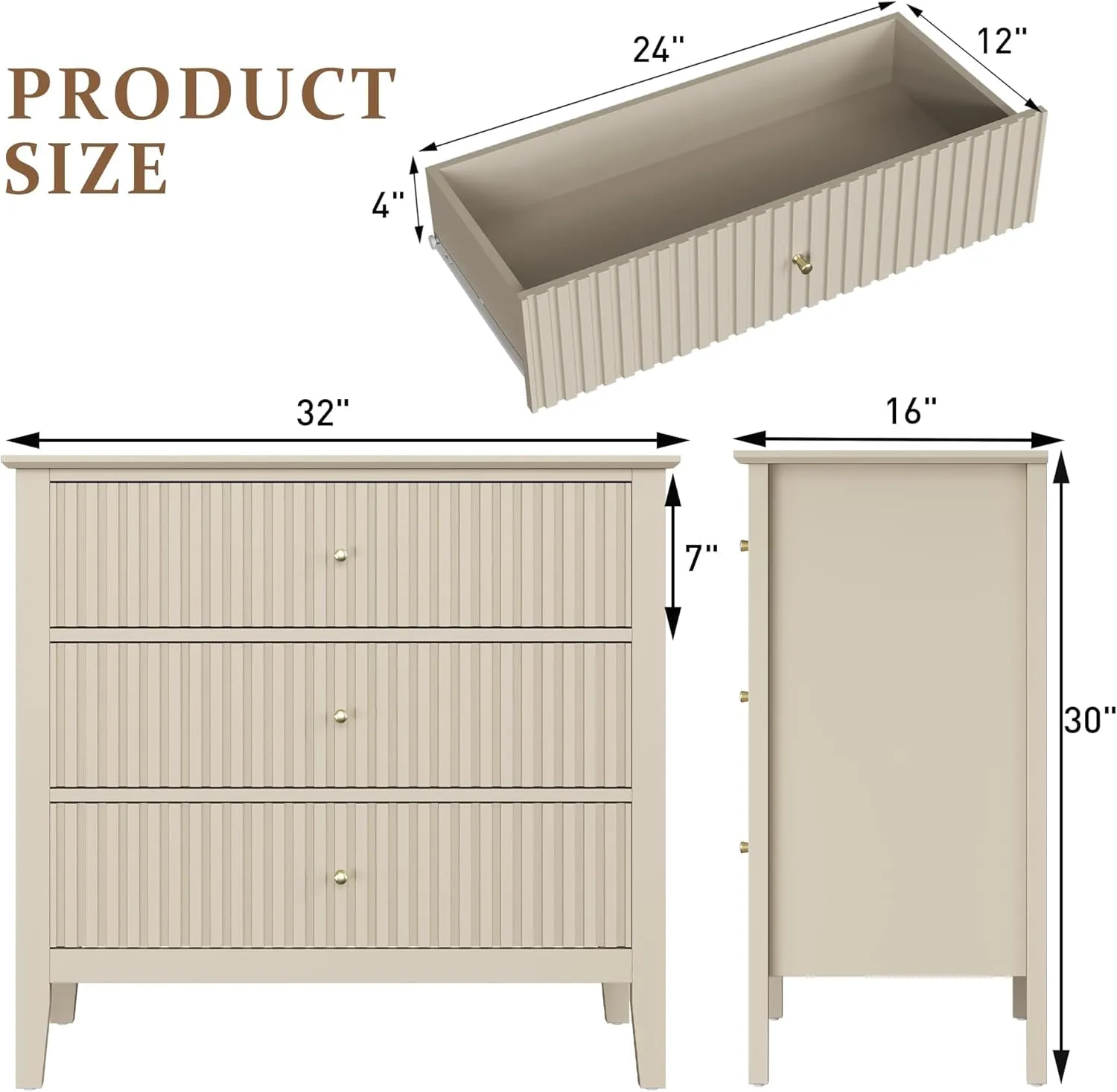 RoyalCraft Large 3 Drawer Dresser Set of 2, Fluted Wood Drawers for Bedroom, Modern Painted 30 inch Wide Nightstand for Bedroom, Entryway, Beige
