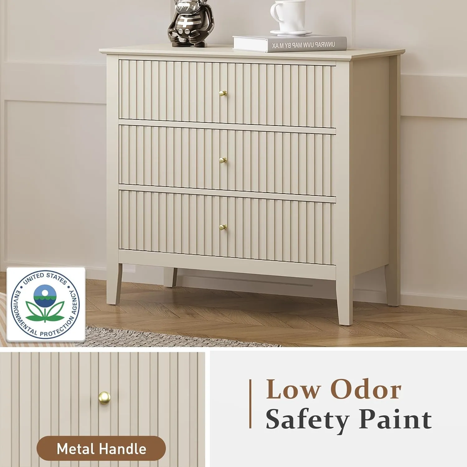 RoyalCraft Large 3 Drawer Dresser Set of 2, Fluted Wood Drawers for Bedroom, Modern Painted 30 inch Wide Nightstand for Bedroom, Entryway, Beige