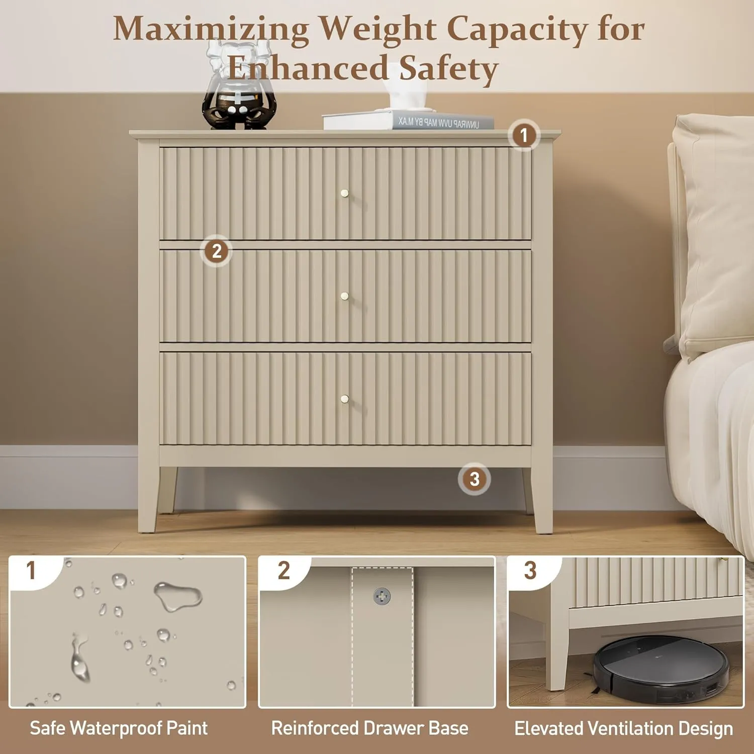 RoyalCraft Large 3 Drawer Dresser Set of 2, Fluted Wood Drawers for Bedroom, Modern Painted 30 inch Wide Nightstand for Bedroom, Entryway, Beige