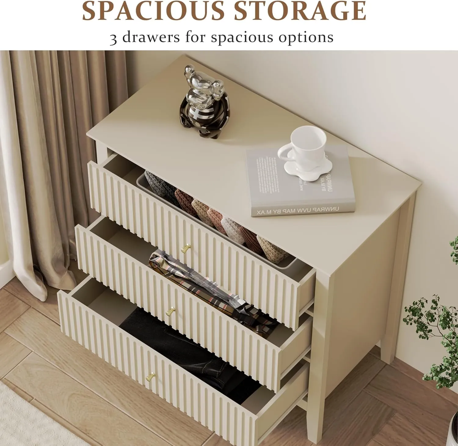 RoyalCraft Large 3 Drawer Dresser Set of 2, Fluted Wood Drawers for Bedroom, Modern Painted 30 inch Wide Nightstand for Bedroom, Entryway, Beige