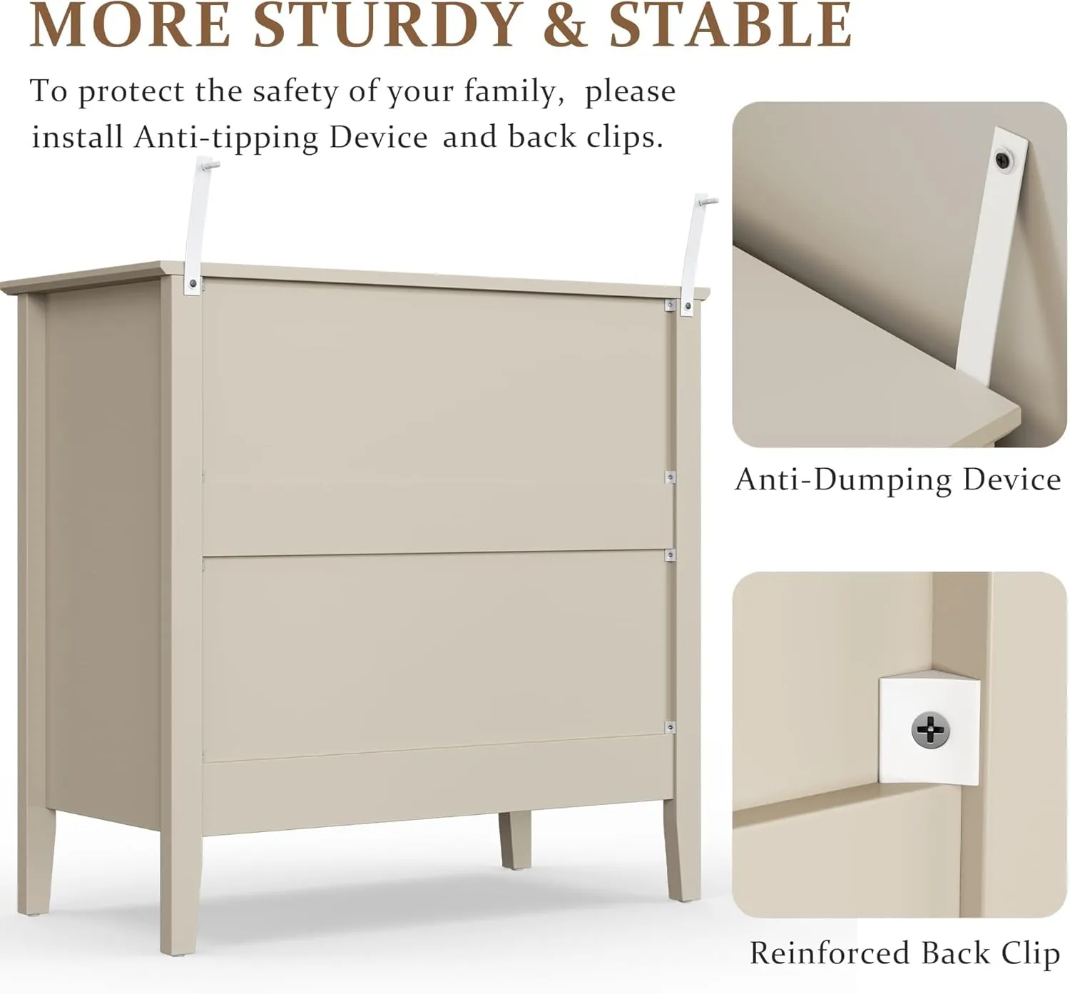 RoyalCraft Large 3 Drawer Dresser Set of 2, Fluted Wood Drawers for Bedroom, Modern Painted 30 inch Wide Nightstand for Bedroom, Entryway, Beige