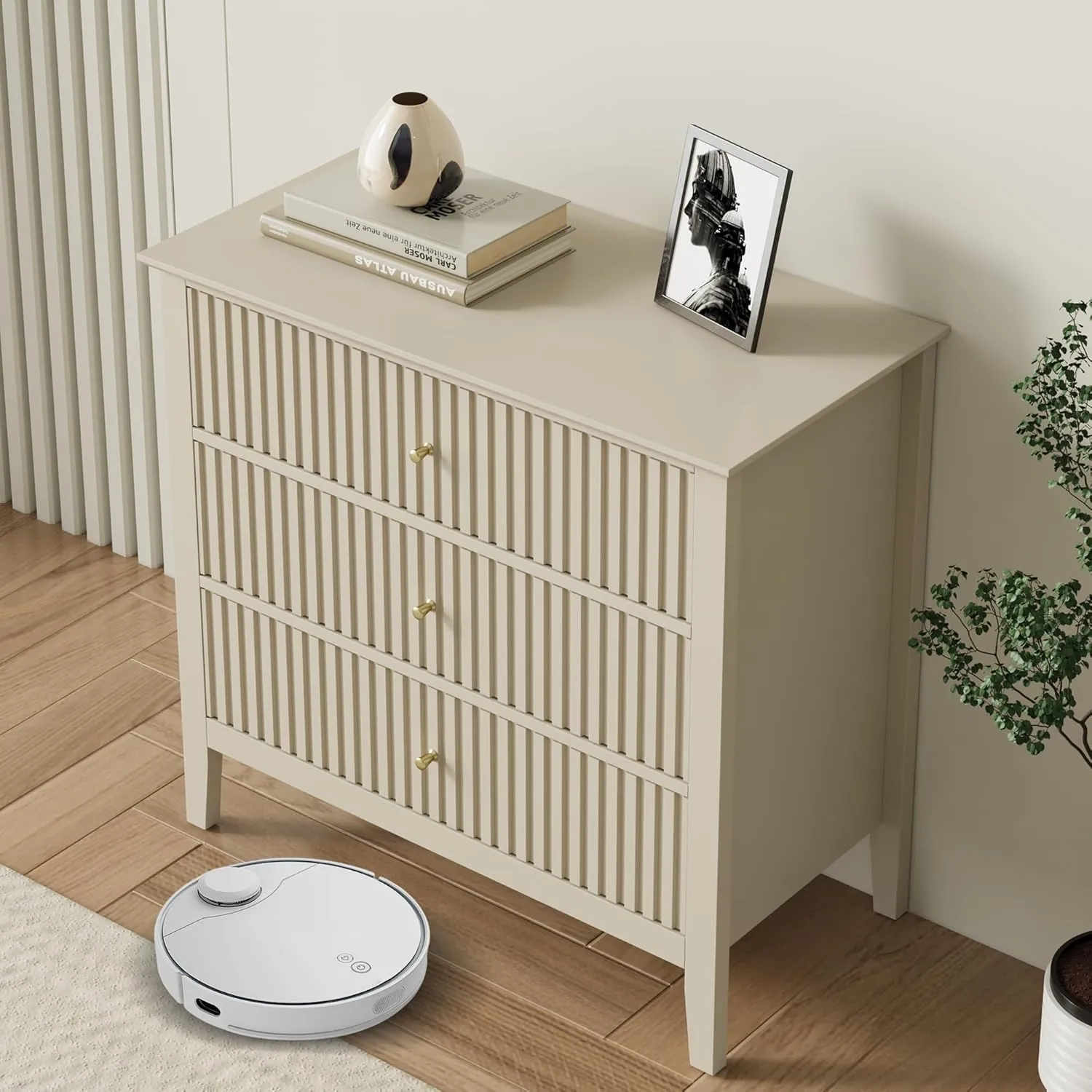 RoyalCraft Large 3 Drawer Dresser Set of 2, Fluted Wood Drawers for Bedroom, Modern Painted 30 inch Wide Nightstand for Bedroom, Entryway, Beige