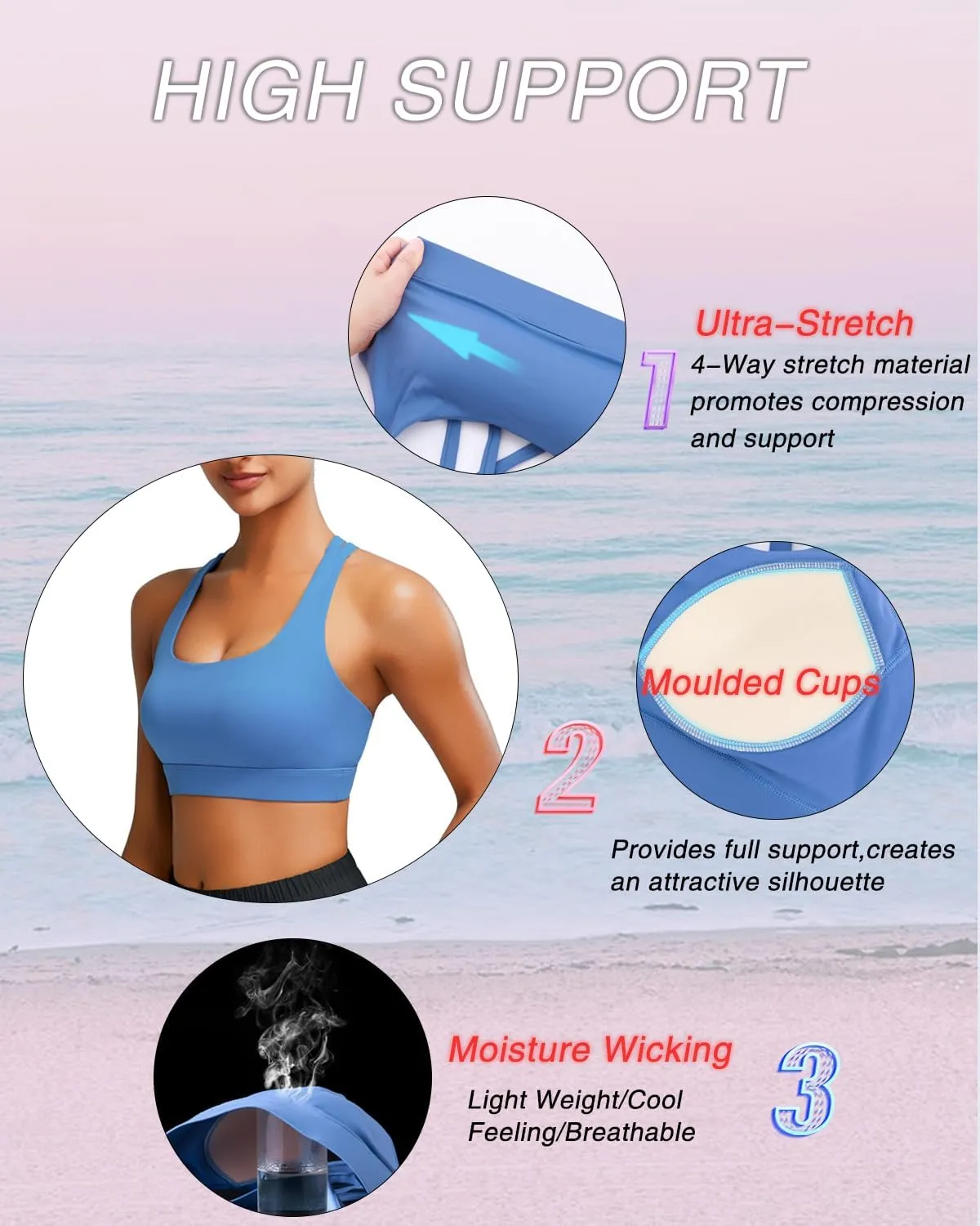 RUNNING GIRL High Impact Sports Bras for Women - Scoop Neck Strappy Sports Bra High Support Moulded Cup Workout Bra