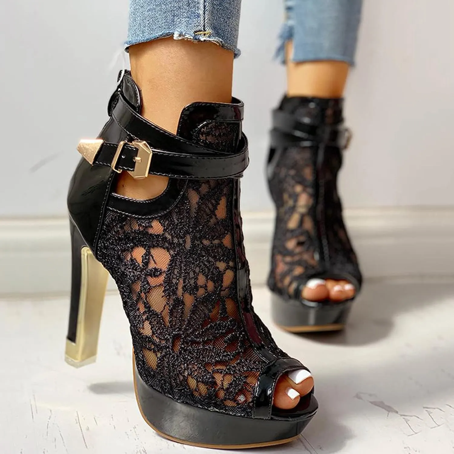 Sandals Mesh High Zip Ladies Sexy Up Shoes Lace Hollow Heel Floral Womens Casual Women's Rose Sandals for Women